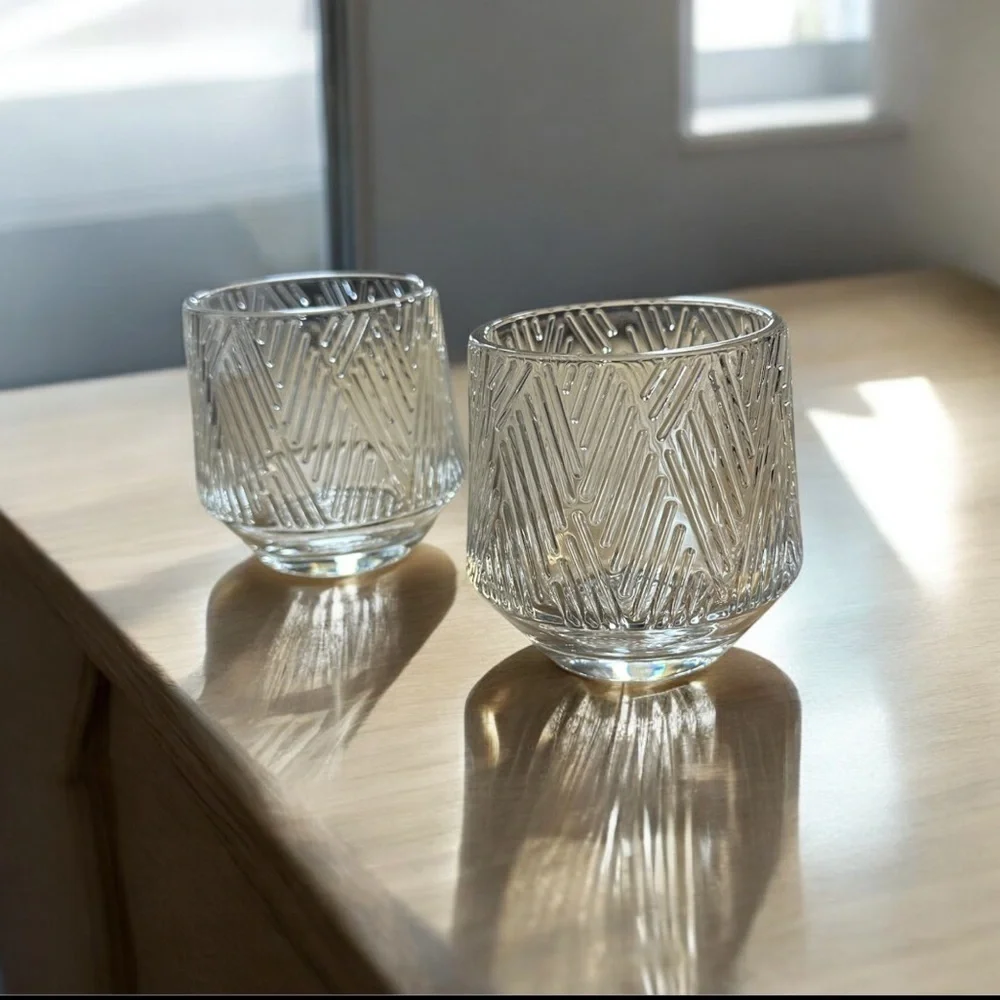 2 Short Glasses With Geometric Design- Crystal Clear Glass- Tapered Width